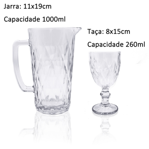 Conjunto 7 Peças em Vidro Resistente – 6 Taças 260ml + 1 Jarra 1L com Design de Losangos